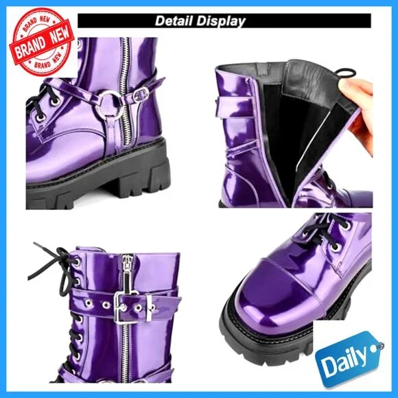 Women's Motorcycle Biker Boots Mid-Calf Combat Steampunk Chunky Heel Lug Sole - Picture 3 of 7